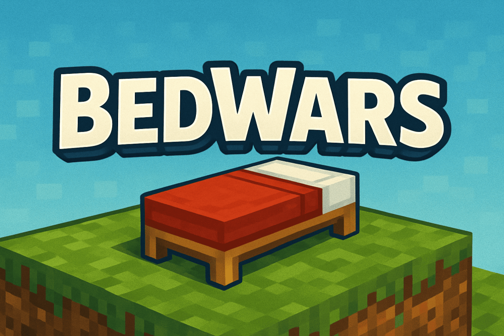 Imagem do modo BedWars (cama vermelha em ilha).