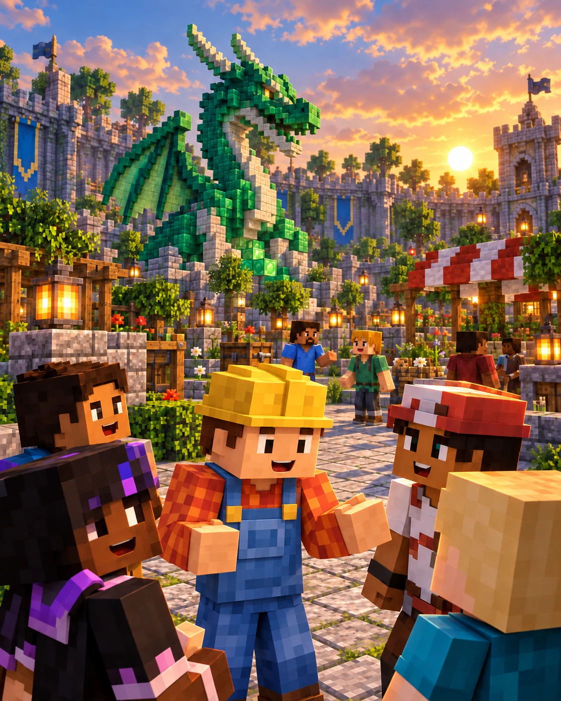 Bob, o Construtor em Minecraft conversando com a comunidade na pra&ccedil;a, com o drag&atilde;o ao fundo.