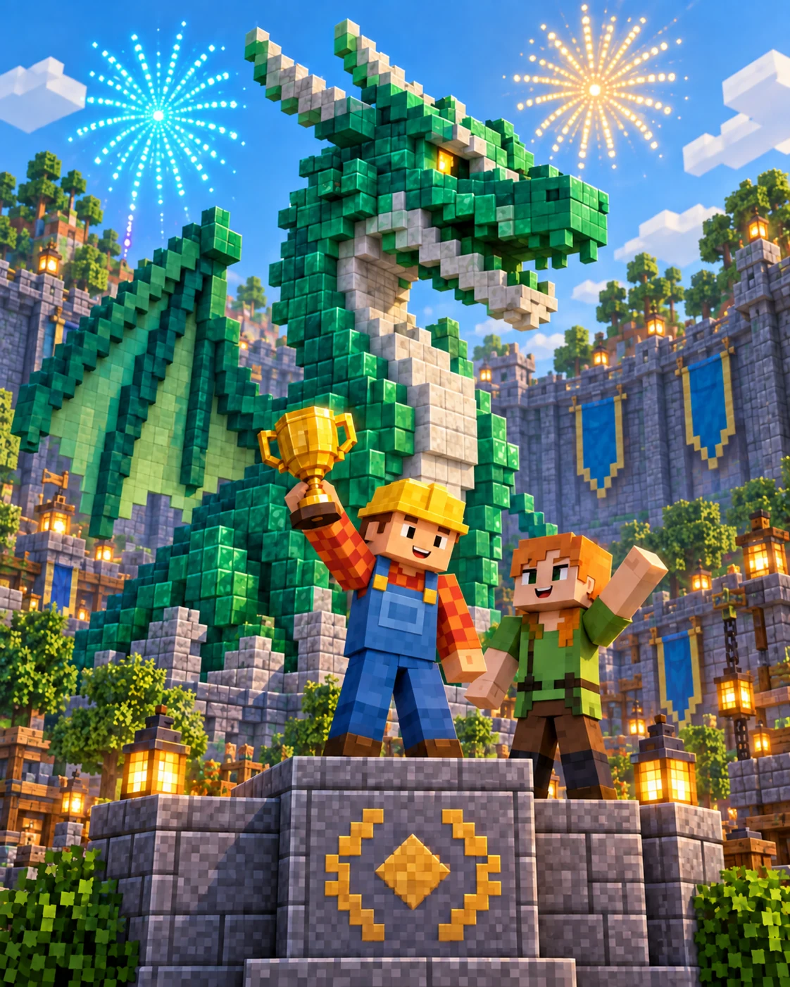 Bob, o Construtor em Minecraft e sua colega celebrando com um trof&eacute;u diante do drag&atilde;o conclu&iacute;do.
