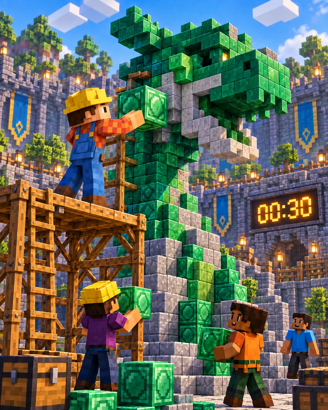 Bob, o Construtor em Minecraft montando um drag&atilde;o de blocos verdes com outros jogadores na arena.