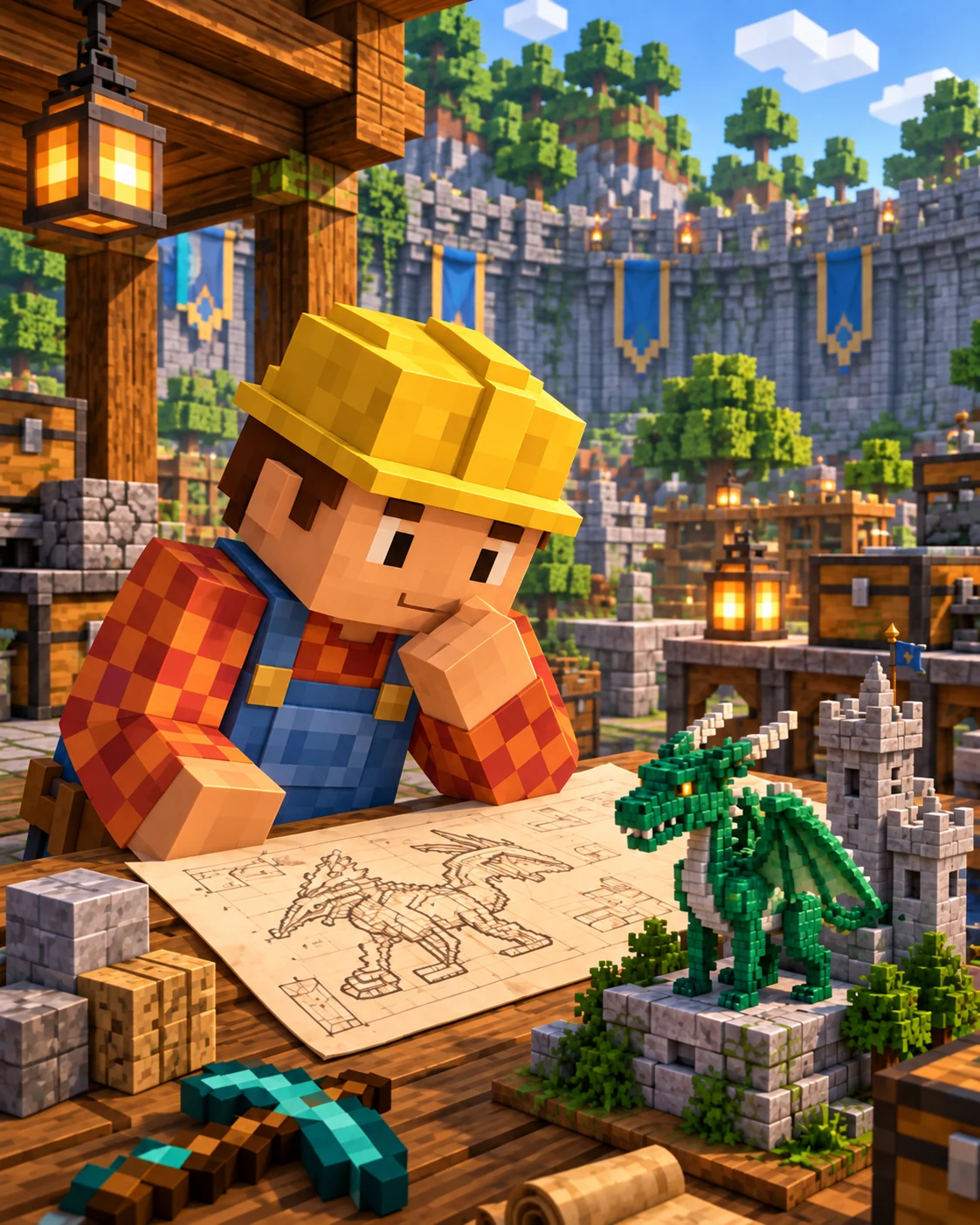 Bob, o Construtor em Minecraft planejando um drag&atilde;o na bancada, entre desenhos e pequenas maquetes.
